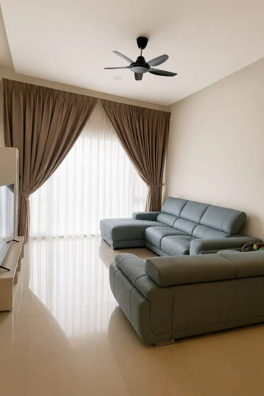 Living features: 3-seater fabric sofa in light blue, 2-seater fabric sofa in light blue, floor-to-ceiling windows, sheer curtains, heavy drapes, polished ceramic tile flooring, ceiling fan with 5 blades, wall-mounted TV console, decorative wall paneling, neutral painted walls; style: modern.